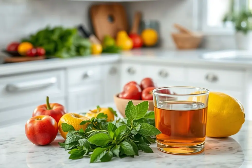 Frutas e ervas em uma bancada de cozinha representando tratamentos naturais para saúde.