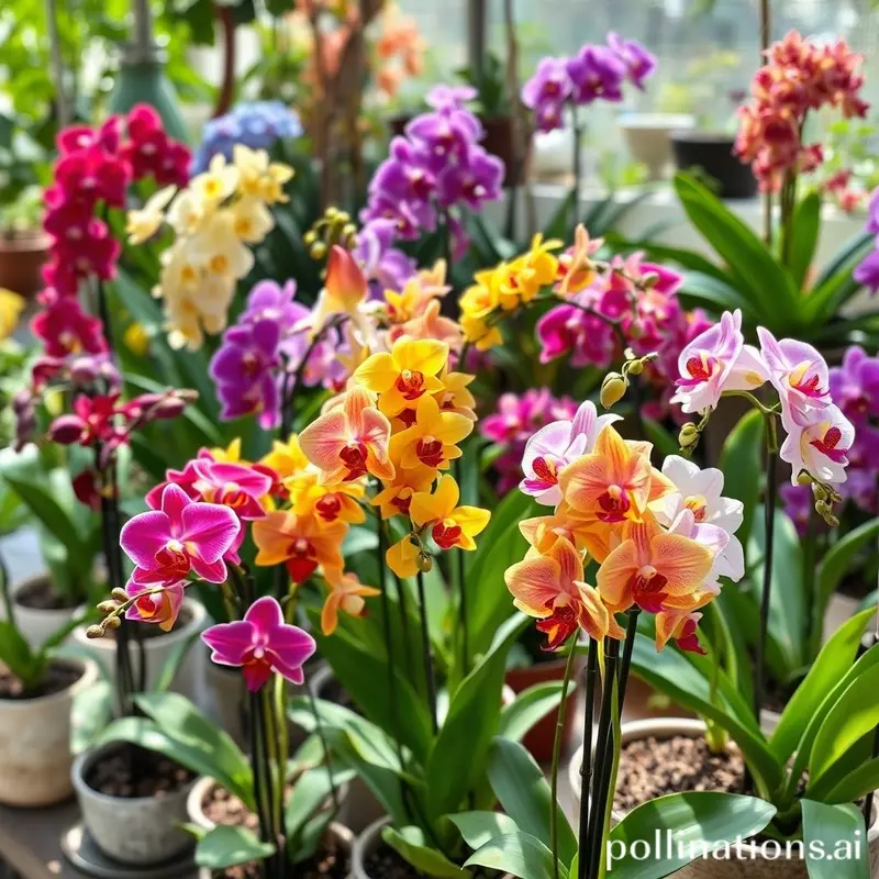 Diferentes espécies de orquídeas em um ambiente de cultivo ideal.