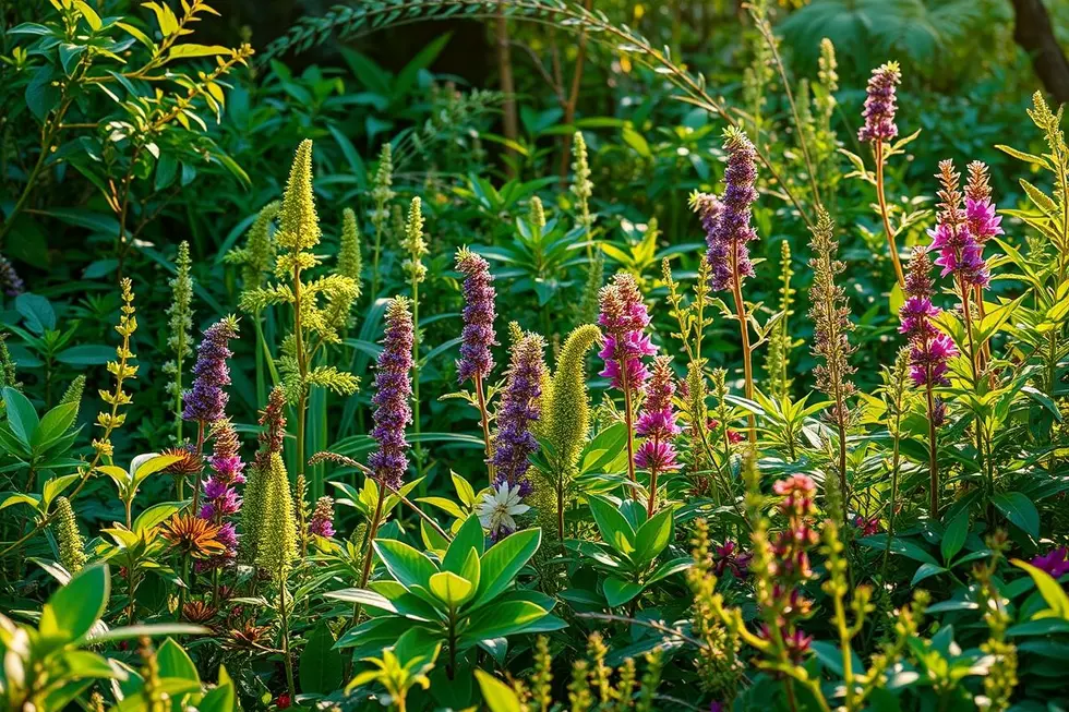 Um campo florido com várias plantas medicinais que representam a saúde natural.