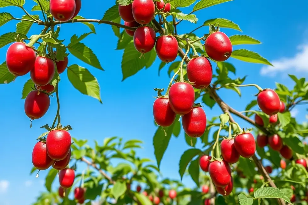 Plantação de morangos com frutos vermelhos, evidenciando a colheita saudável.