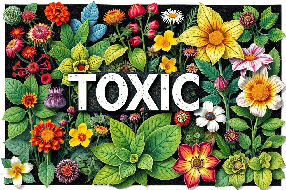 Colagem de plantas tóxicas com atenção às suas características e perigos para a saúde.