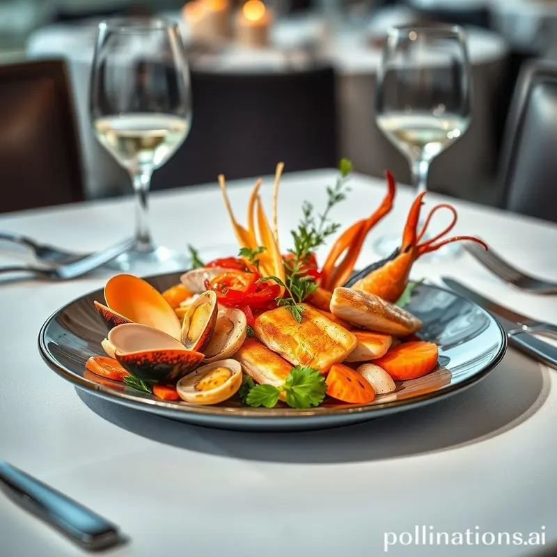 Um estilo de prato gourmet de frutos do mar como camarões e outros crustáceos, evocando o prazer culinário com um alerta ao consumo conscientes.
