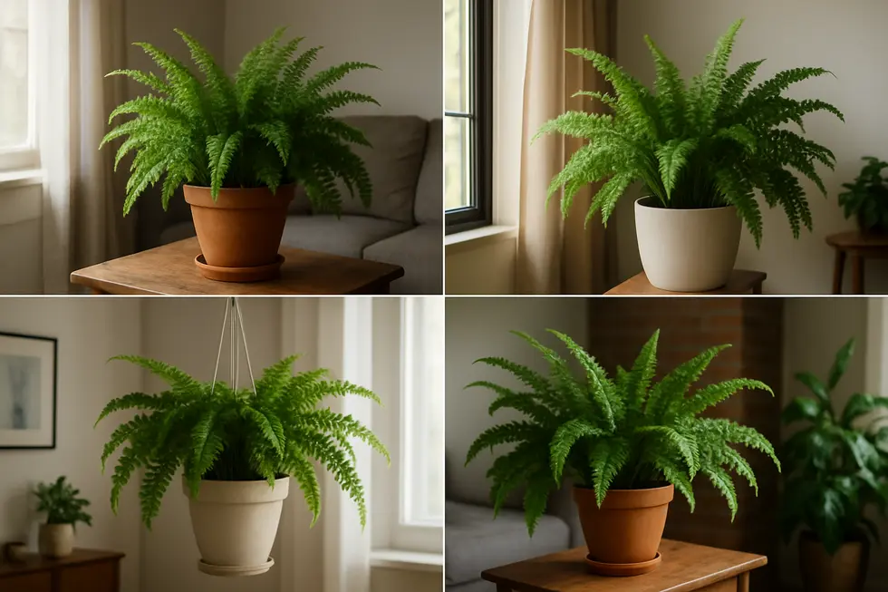 Diversas samambaias decorando espaços internos, destacando a beleza e benefícios para a casa.
