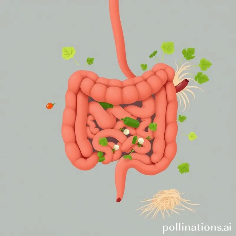 Imagem de um intestino saudável rodeado de alimentos nutritivos.