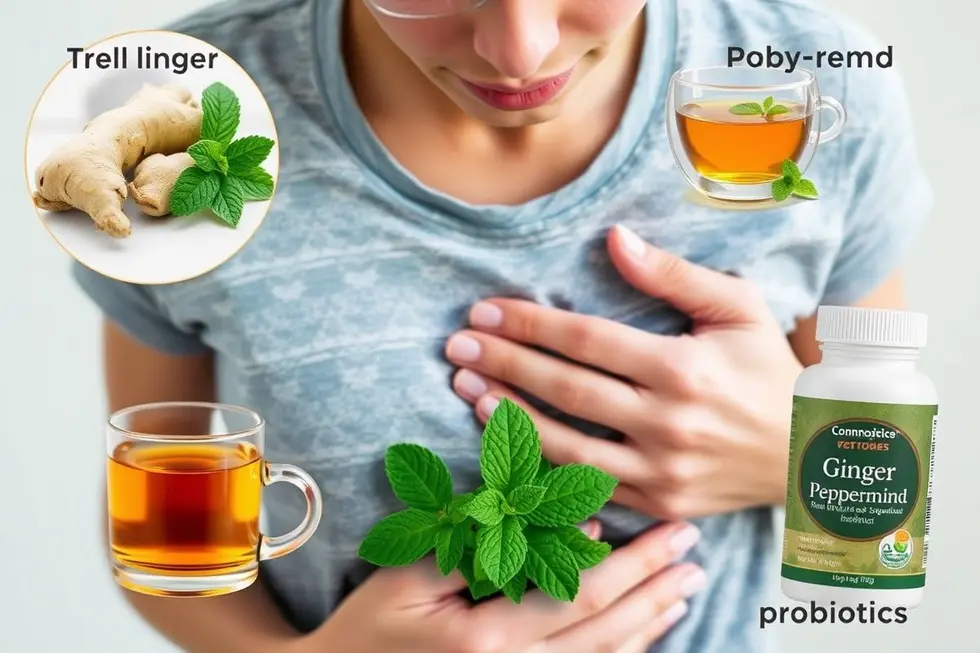 7 Alternativas Naturais para Aliviar a Síndrome do Intestino Irritável 4 Pessoa segurando o estômago, rodeada de remédios naturais para síndrome do intestino irritável.