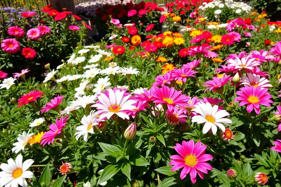 Azaleias coloridas em um jardim ensolarado.