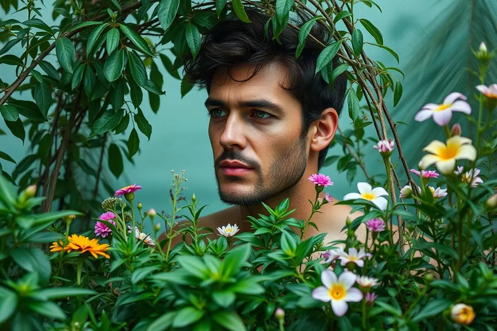 Ambiente natural com plantas medicinais e uma pessoa sorrindo.