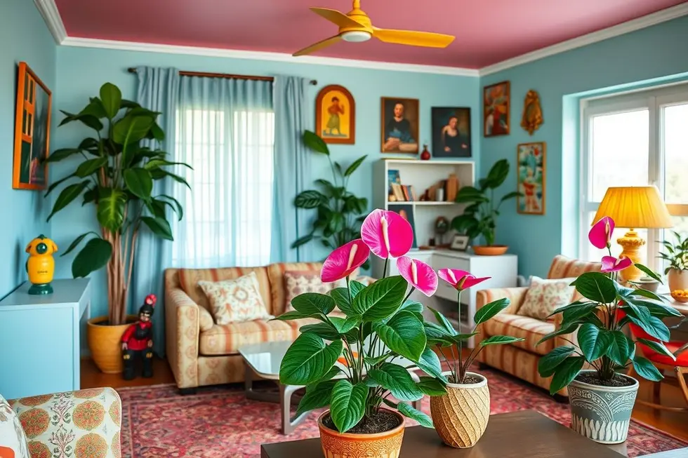 Sala dos anos 80 com antúrios decorando o espaço