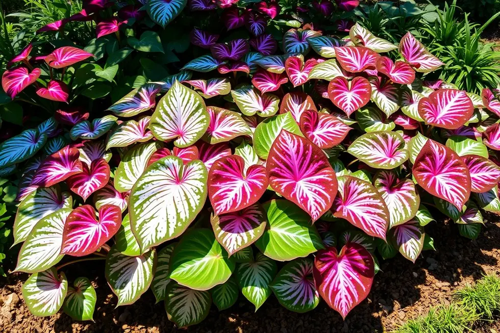 Coleção de Caladiums em um jardim ensolarado.