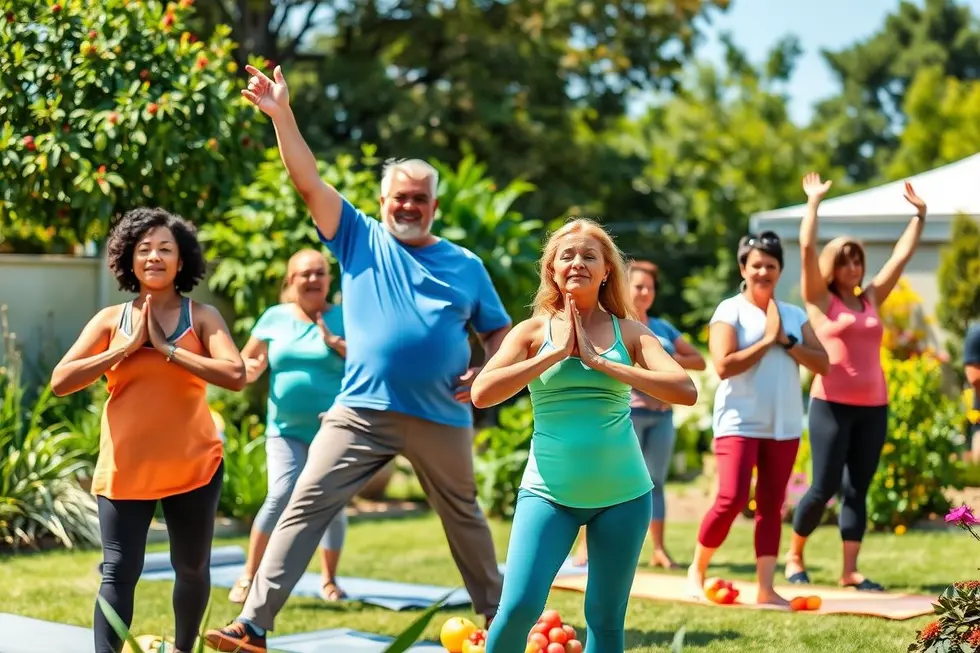 Pessoas em ambiente externo praticando yoga, rodeadas de frutas frescas, ilustrando saúde natural e bem-estar para obesidade grau 1.