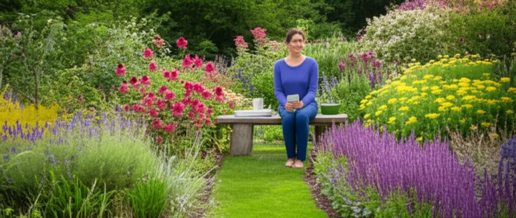 7 Plantas Medicinais para Cultivar no Seu Jardim e Melhorar Sua Saúde 1 Pessoas relaxando em um jardim de ervas medicinais, longe das telas.