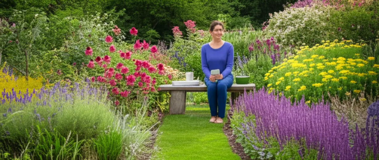 Pessoas relaxando em um jardim de ervas medicinais, longe das telas.