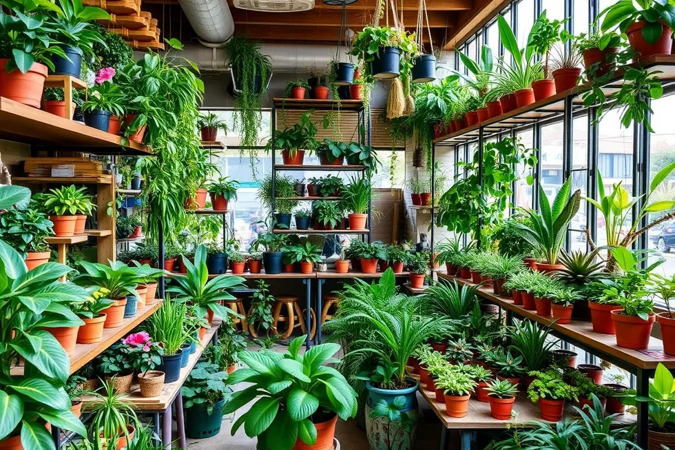 Espaço interno com diversas kokedamas expostas, mostrando a beleza das plantas.