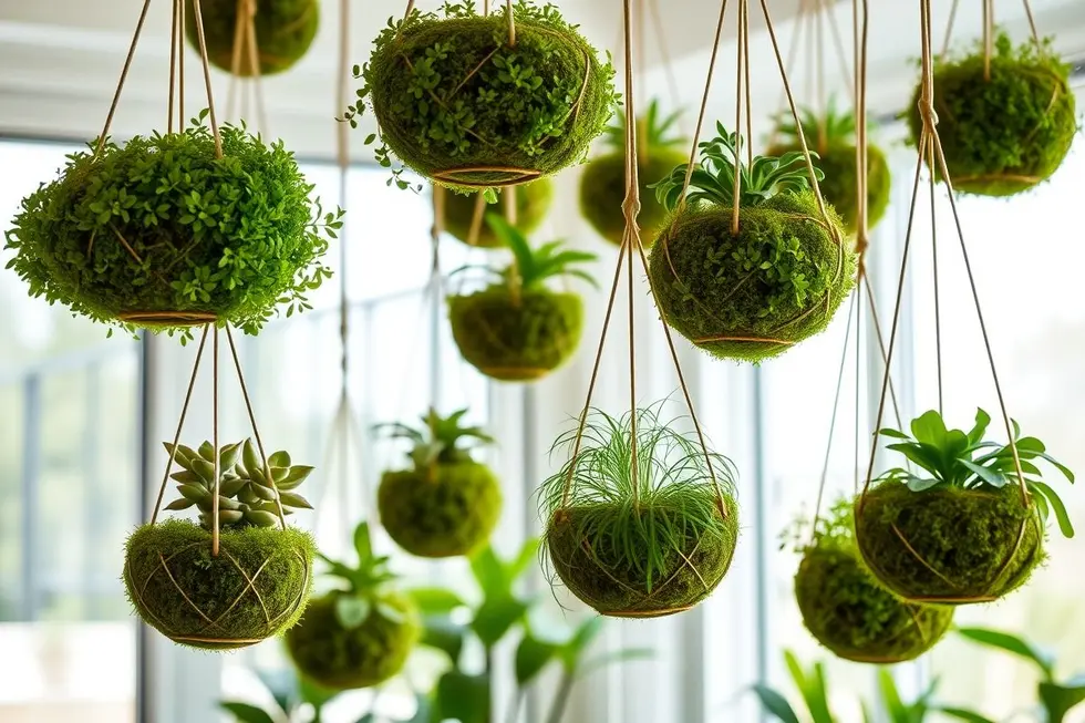 Várias kokedamas penduradas em um ambiente iluminado.