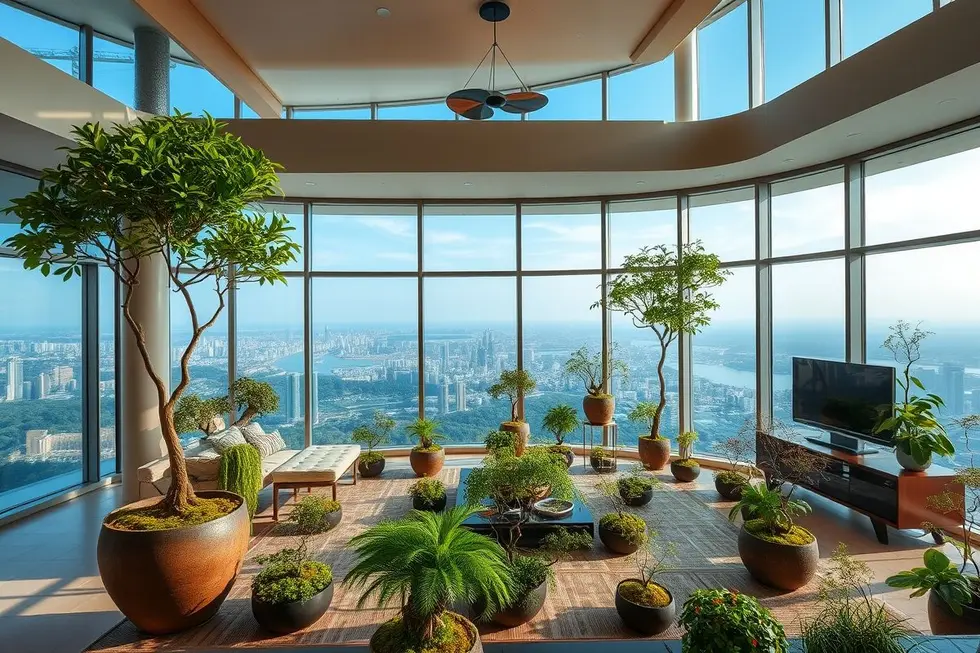 Espaço de vida com arranjos de kokedamas, destacando uma atmosfera verde e acolhedora.