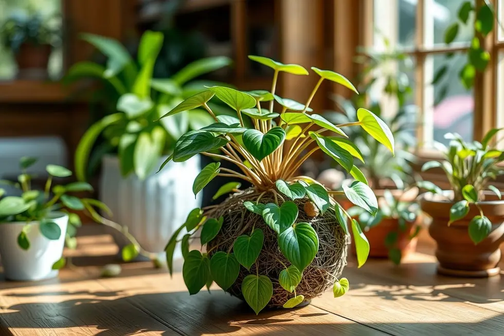 Kokedama de jiboia em um ambiente natural e ensolarado.