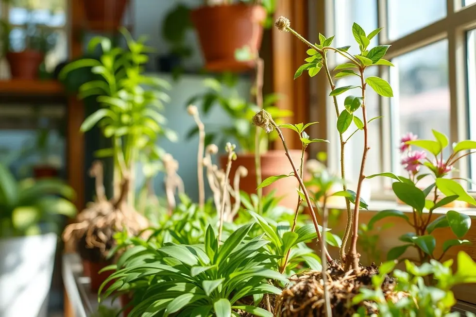 Kokedamas prosperando em um jardim interno ensolarado.