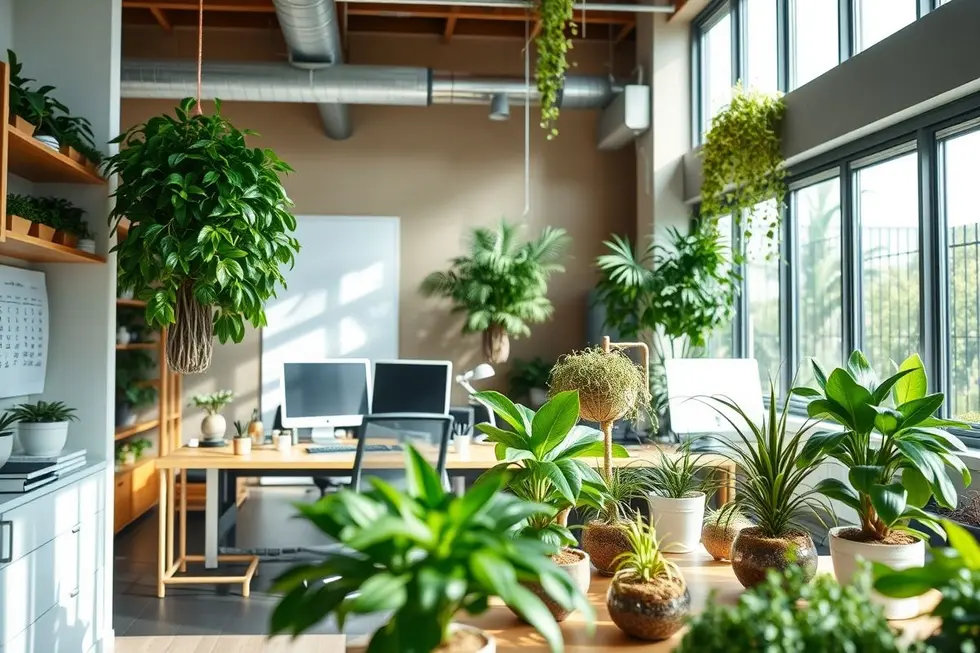 Escritório convidativo com várias plantas kokedama, iluminado pelo sol.
