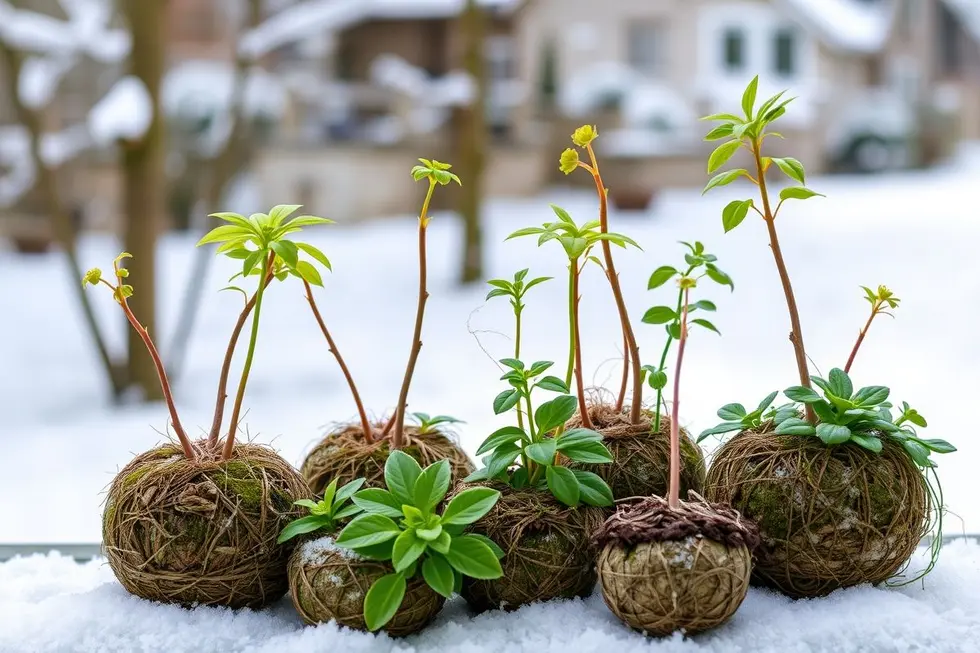 Várias kokedamas saudáveis em um fundo invernal, simbolizando cuidados no inverno.