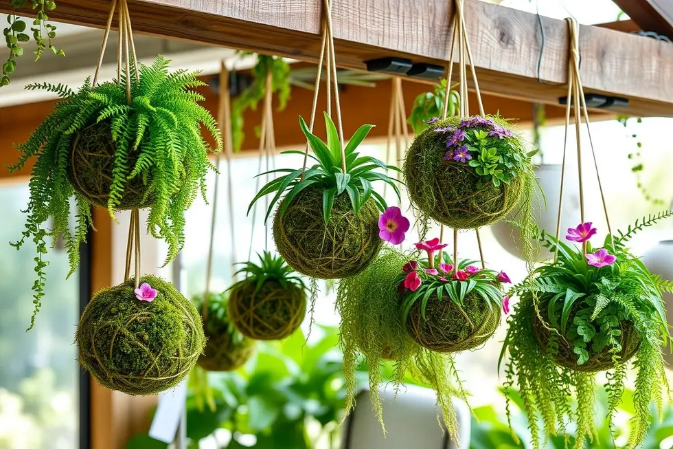 Várias kokedamas penduradas, criando um ambiente verde encantador.