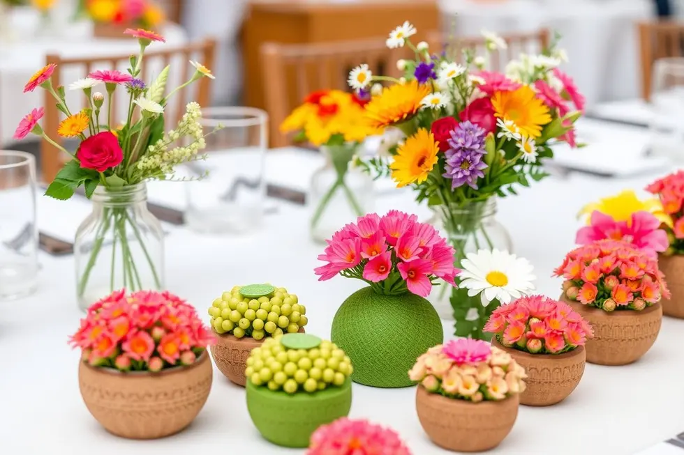 10 Razões Para Escolher Mini Kokedamas Como Lembrancinhas de Eventos 1 Decoração de mesa com mini kokedamas e flores coloridas.