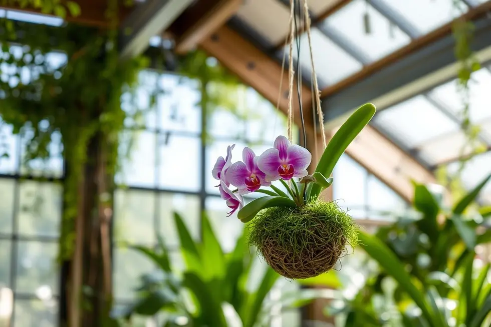 Kokedama de orquídea em um ambiente iluminado e natural.