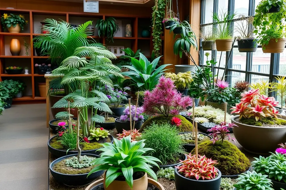 Um belo espaço interno com diversas kokedamas, promovendo um ambiente natural.