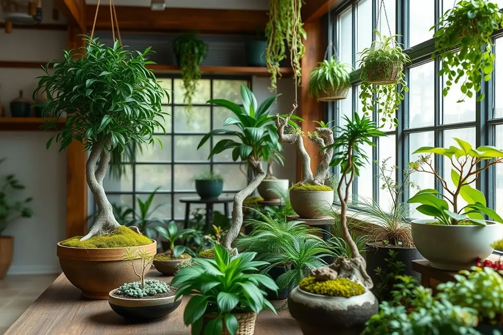Um jardim interno convidativo com várias plantas kokedama.