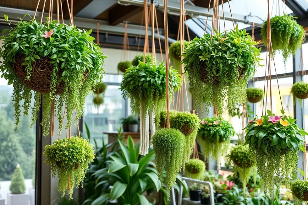 Um jardim interno com várias kokedamas grandes penduradas, criando um ambiente tranquilo e vibrante.