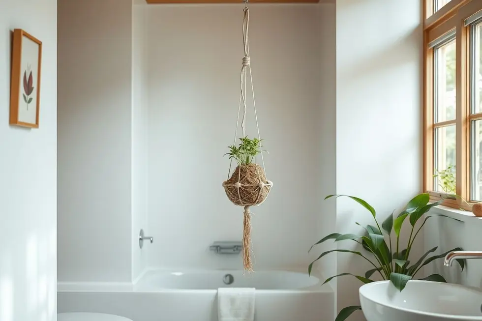 Um banheiro sereno com kokedama pendurada.