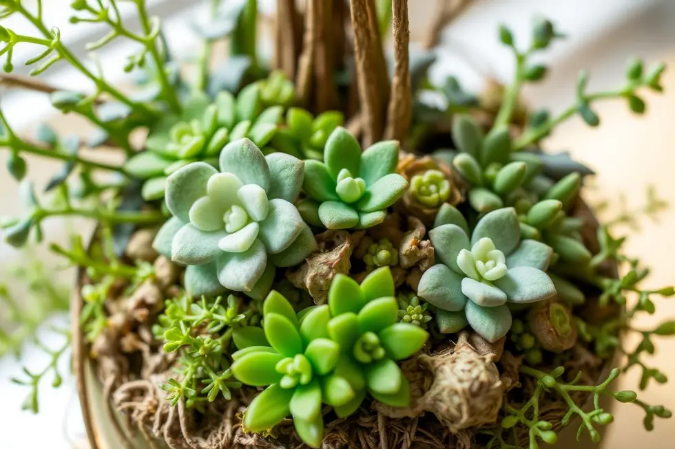 Close-up de uma kokedama com variedades de plantas.
