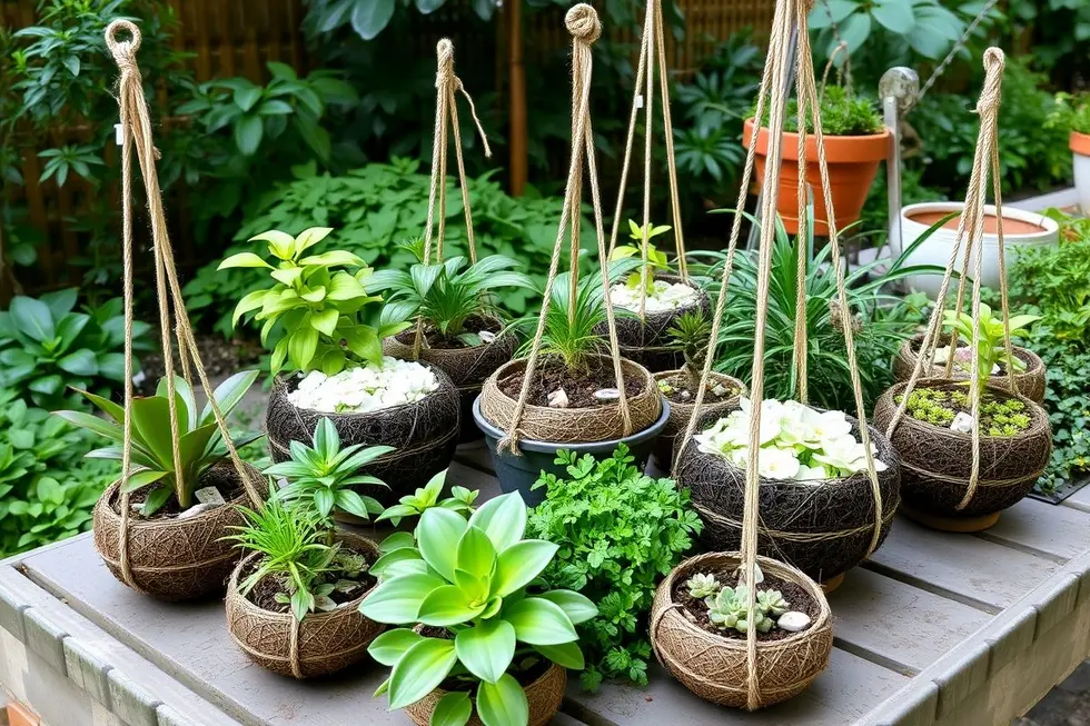 Coleção de kokedama em um jardim saudável