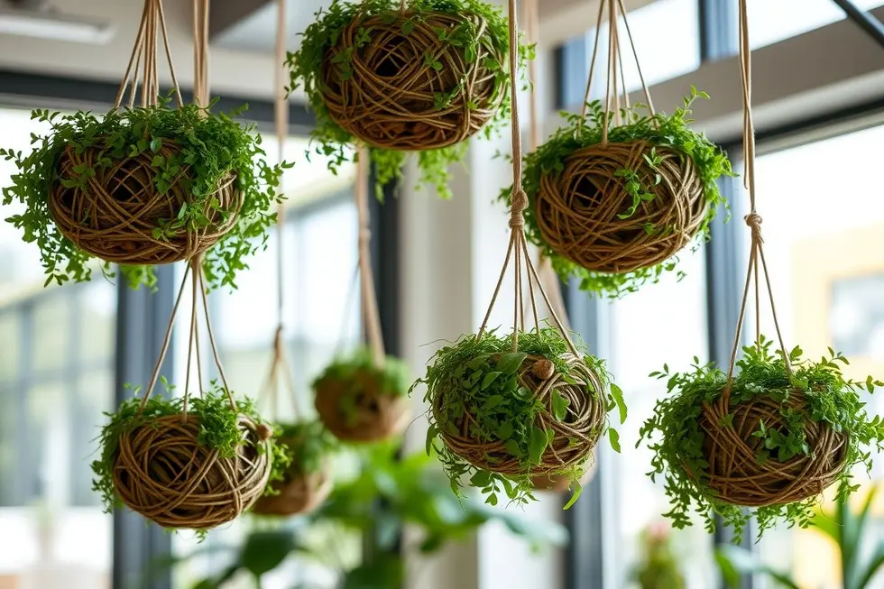 Coleção de kokedama iluminadas em um espaço interno.