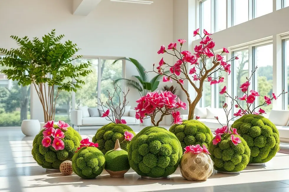 Uma diversidade de kokedamas com flores em um ambiente interno iluminado.