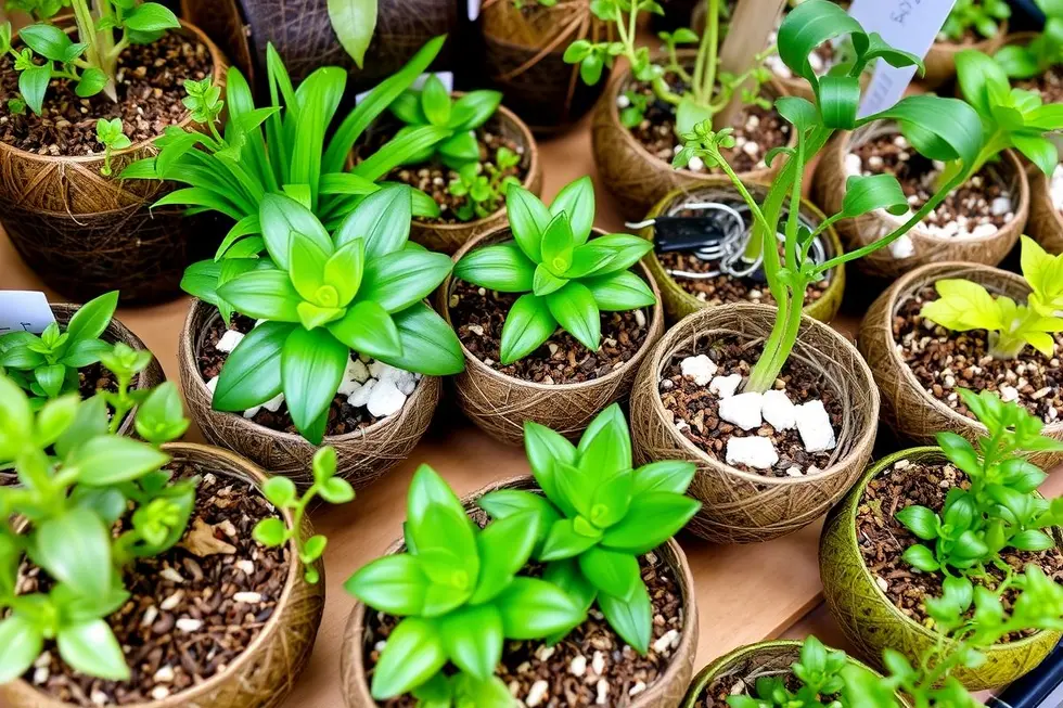 Display de kokedamas com plantas verdes vibrantes e substrato saudável.