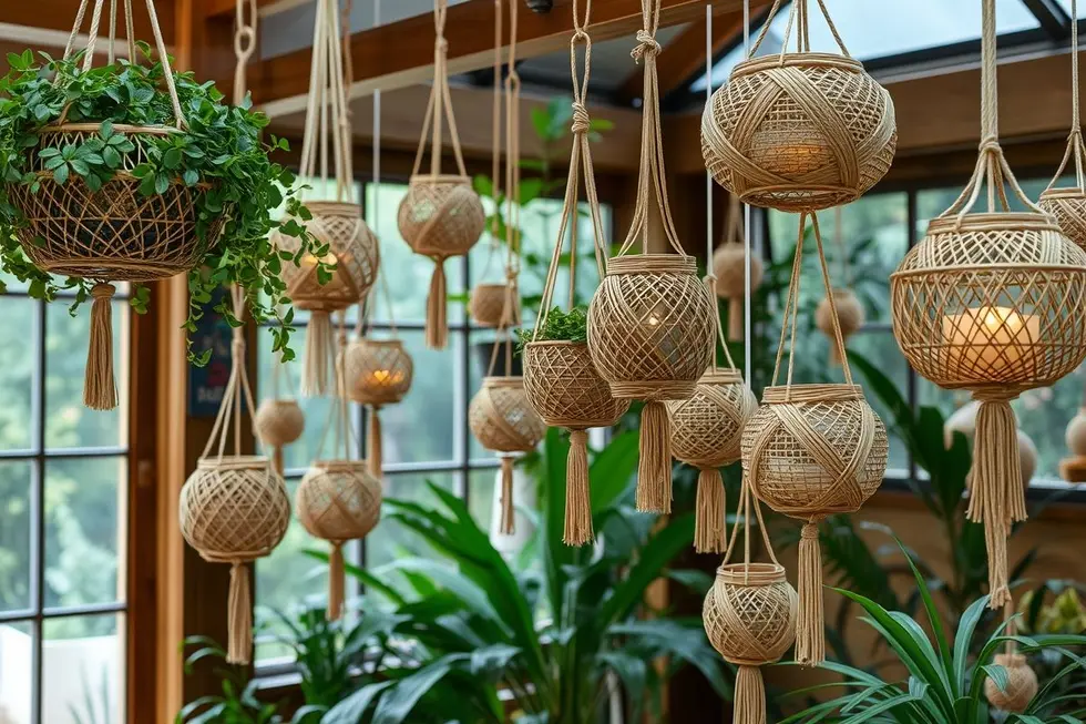 Exibição encantadora de kokedamas suspensos em um espaço interno acolhedor.
