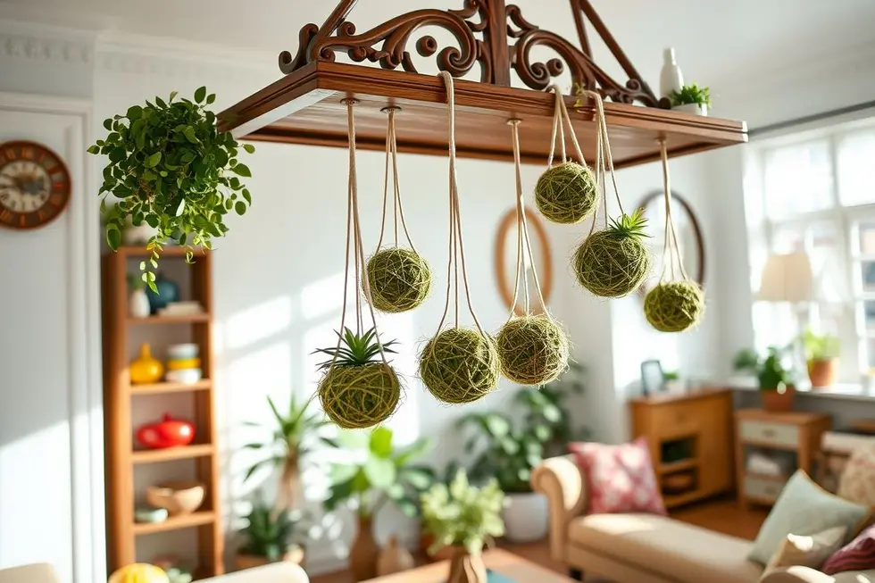 Kokedamas enfeitadas em uma prateleira de sala de estar