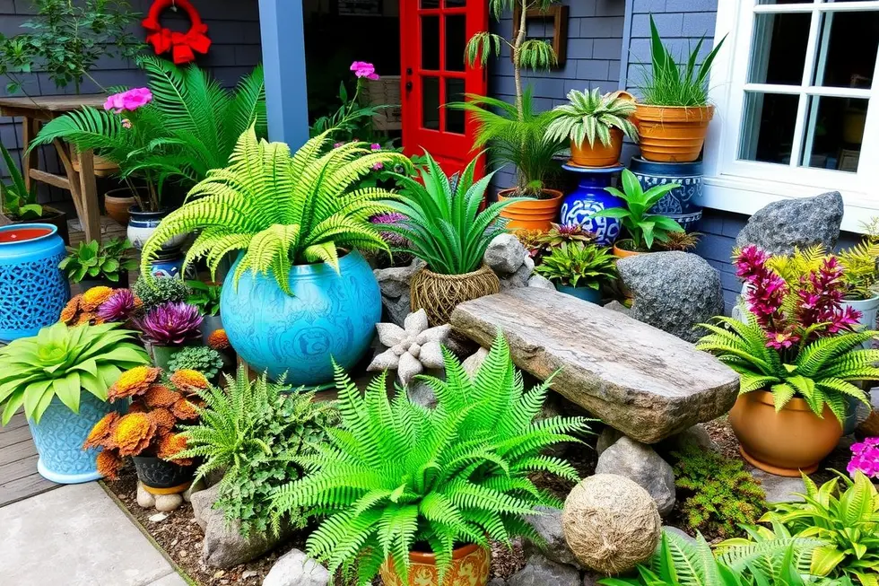 Espaço ao ar livre com kokedamas de samambaia