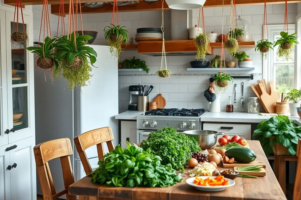Cozinha decorada com kokedama e ingredientes frescos.