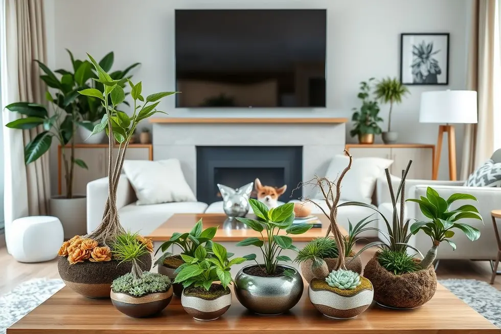 Diferentes kokedamas em uma sala de estar, criando um ambiente acolhedor e estiloso.