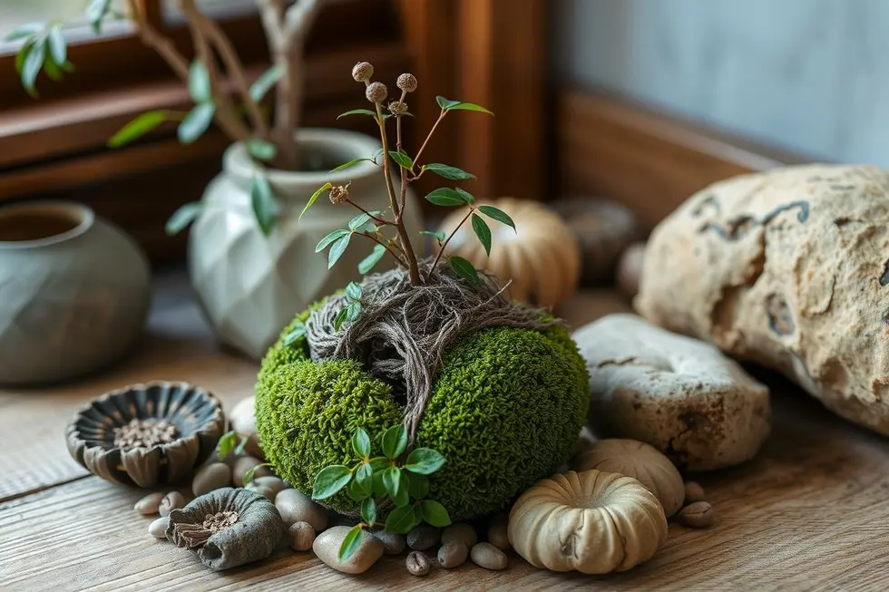 Kokedama em um ambiente natural.