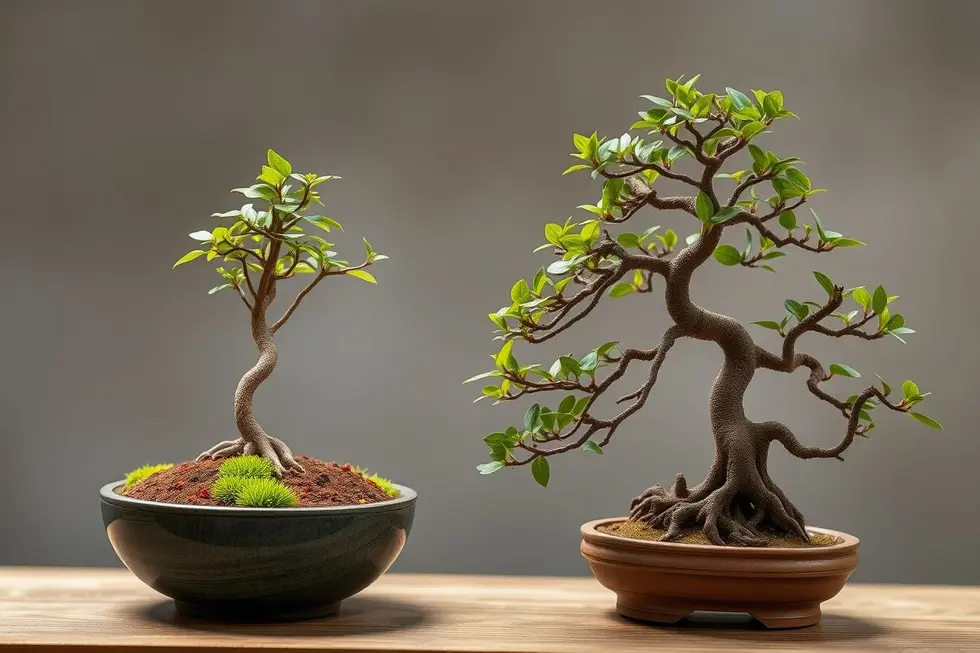 Kokedama e bonsai juntos, mostrando suas distintas belezas.