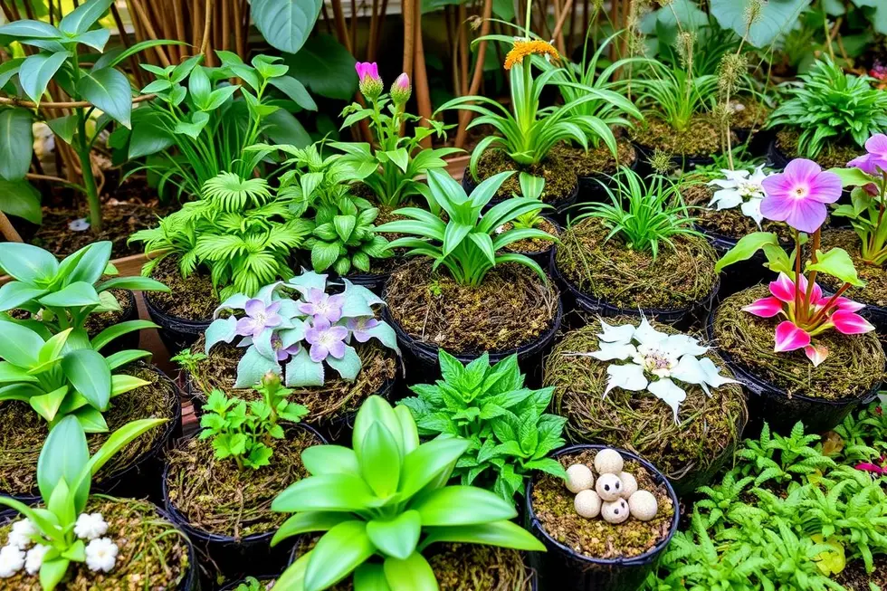 Quanto Custa Fazer um Kokedama? 7 Passos para um Projeto Acessível e Bonito 2 Exibição vibrante de diversas kokedamas em um cenário natural.