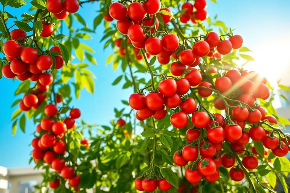 Planta de tomate de cereja frutificando em uma varanda ensolarada