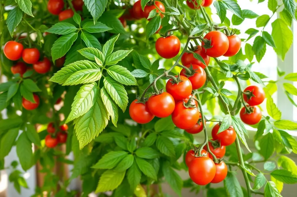 Planta de tomate de cereja saudável dentro de casa