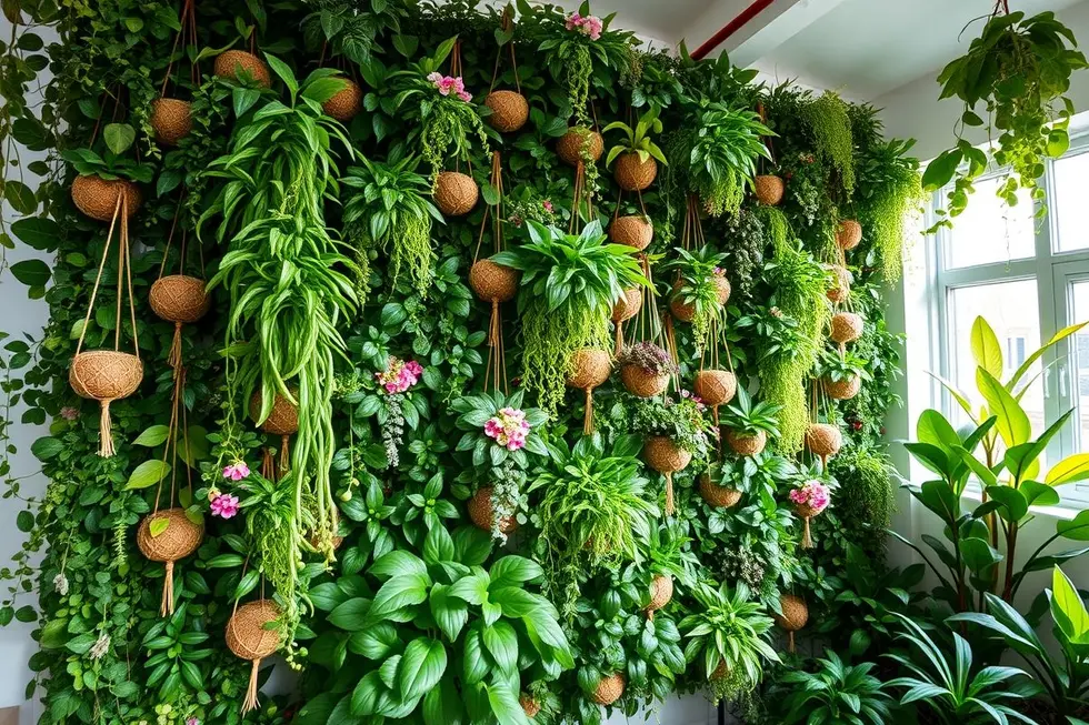 Um exuberante jardim vertical feito com kokedama em um interior iluminado.