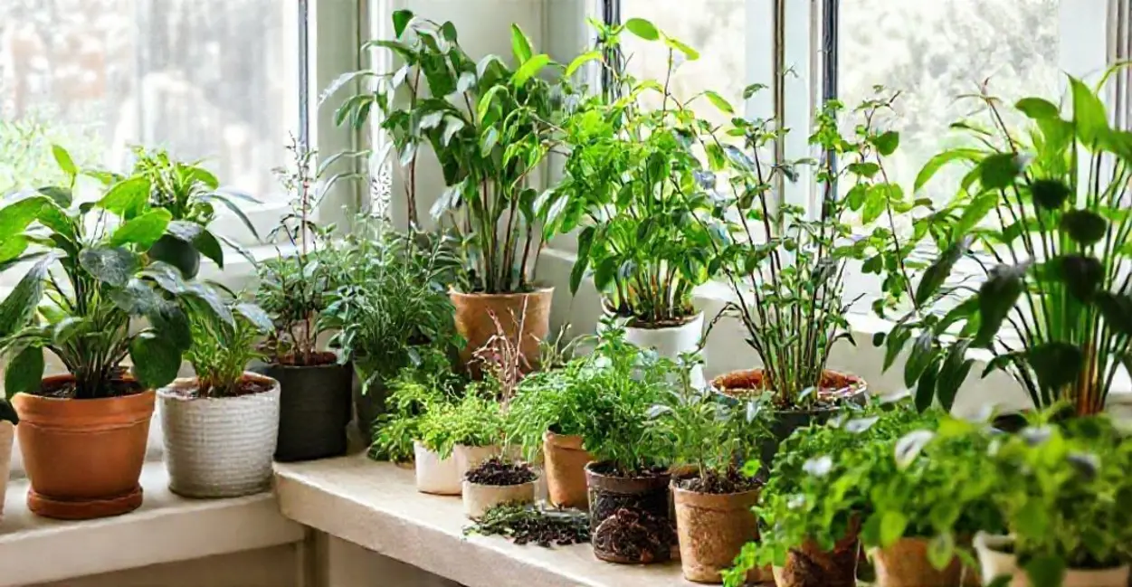 Ambiente tranquilo com várias plantas e ervas.