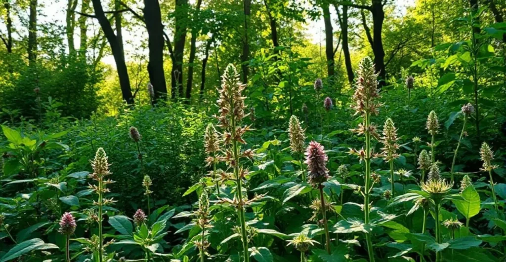 Uma paisagem serena com plantas medicinais iluminadas pela luz do sol.