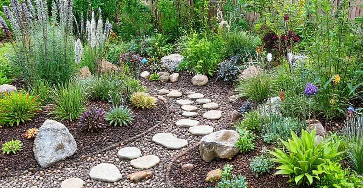 Paisagem de um jardim sensorial com diversas plantas e texturas