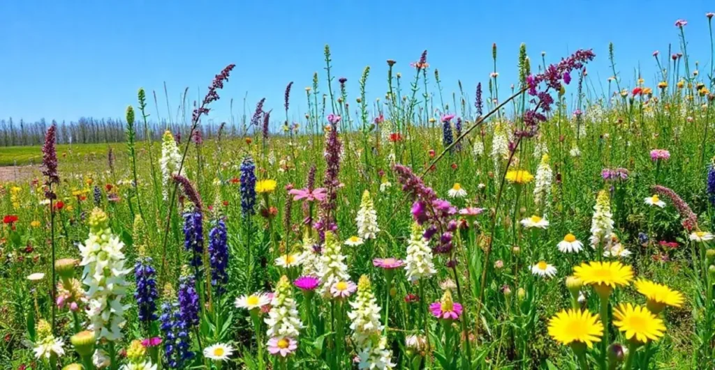 Paisagem de primavera com plantas medicinais em flor